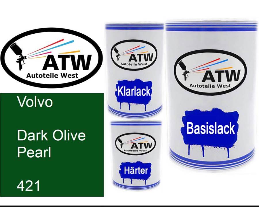 Volvo, Dark Olive Pearl, 421: 500ml Lackdose + 500ml Klarlack + 250ml Härter - Set, von ATW Autoteile West.